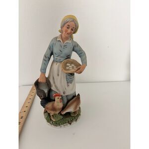 Vtg ardco porcelain figurine of farm woman gathering eggs with chickens